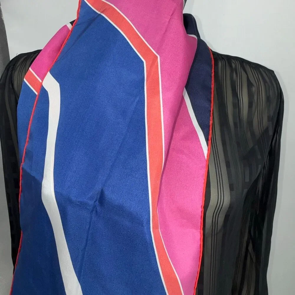 Vintage 80s Oblong Scarf 67x11 Pink Blue Red Stripe Colorblock Mod Long Neck Wra